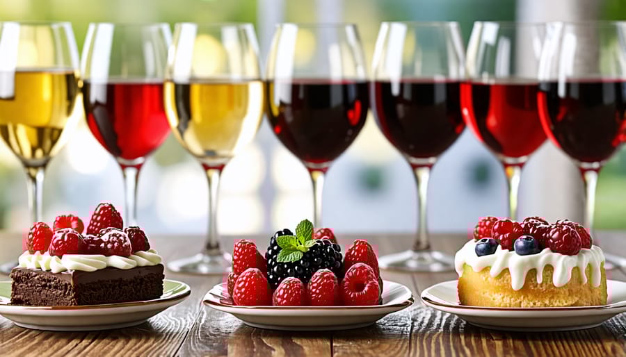 Various desserts paired with glasses of wine, displaying classic combinations like chocolate with red wine and fruit desserts with dessert wines.
