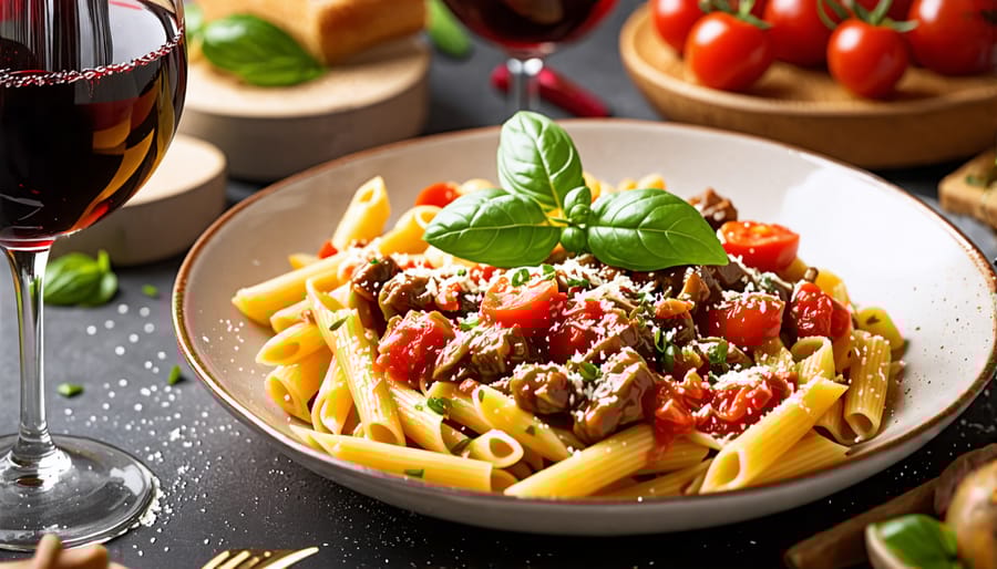 Organic red wine complementing a savory pasta entree, illustrating ideal food pairing