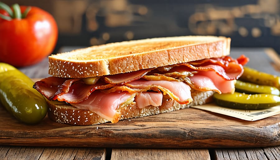 Classic peameal bacon sandwich with pickles and Toronto postcard