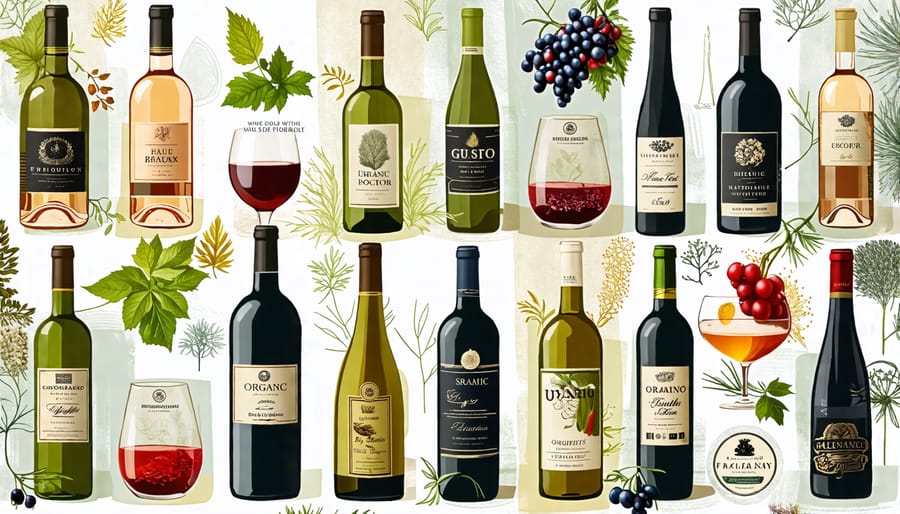 A collection of organic wine labels and bottles showcasing Toronto's diverse offerings