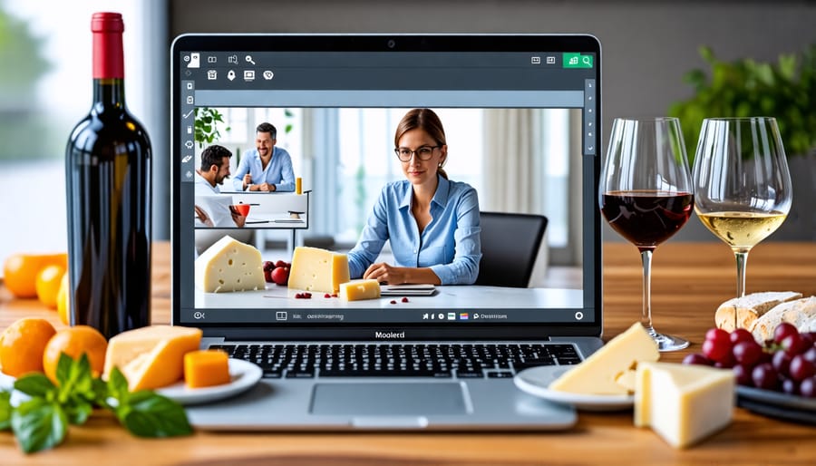 A laptop on a table set up for a virtual wine and cheese tasting event
