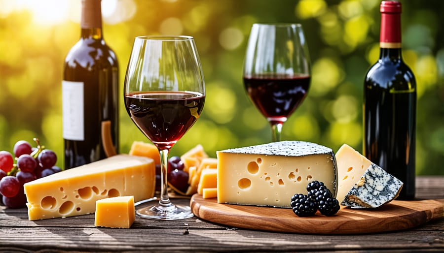 Different types of wines and cheeses arranged on a table with accompanying tasting notes