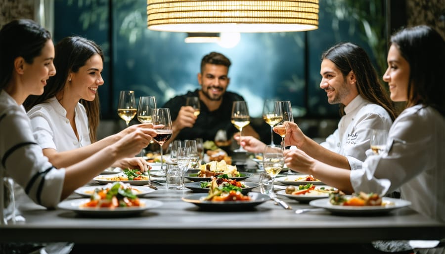 Diners seated at a chef's table, closely observing and interacting with the chef during the meal preparation