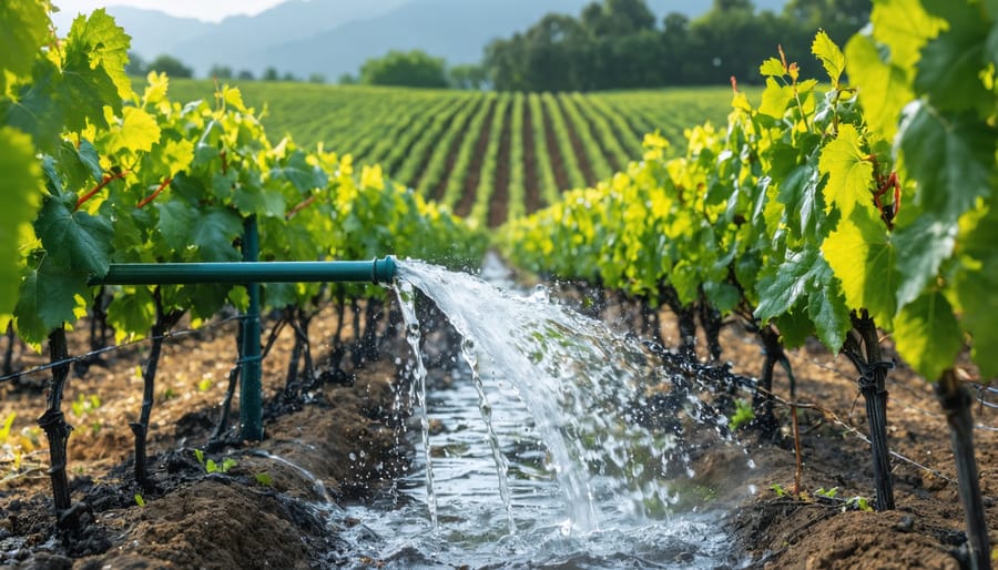 Closeup of drip irrigation lines and emitters in a vineyard