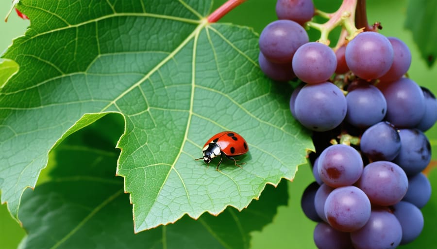 Ladybug, a beneficial insect, patrolling a healthy grapevine leaf