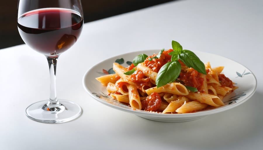 Vegan wine and pasta pairing showcasing complementary flavors and textures