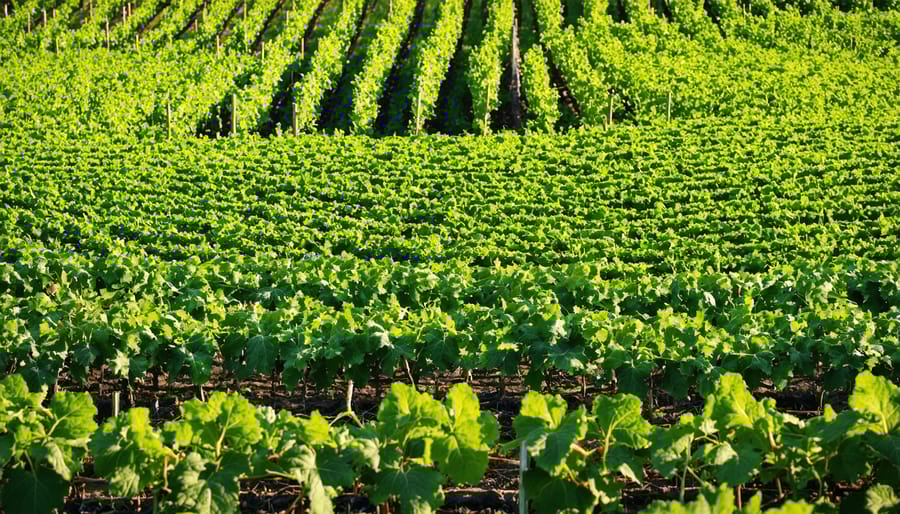 Organic vineyard with diverse plant species and natural farming methods