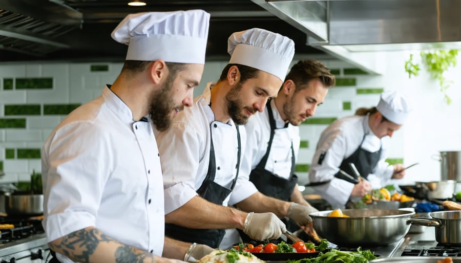 Two renowned chefs working together to prepare dishes in a visible kitchen setting