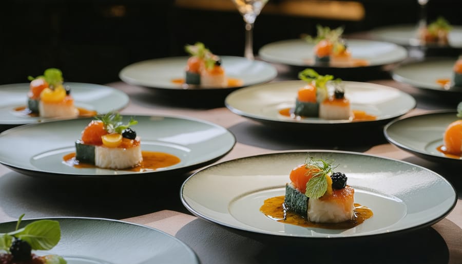 Artistically presented fine dining dish with modern plating techniques and edible flowers