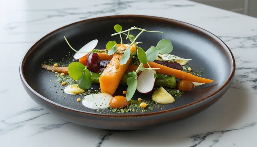 Beautifully plated locally sourced dish with microgreens and edible flowers from an Ontario farm