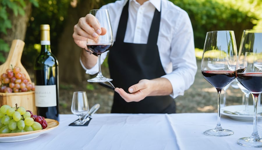 Professional sommelier explaining wine selection to guests at an exclusive dining table