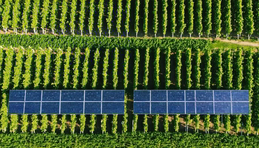 Sustainable vineyard featuring solar installations and water management infrastructure
