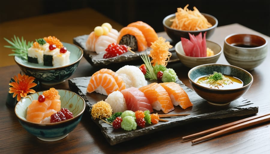 Beautifully arranged kaiseki dishes on traditional Japanese ceramics with seasonal decorations