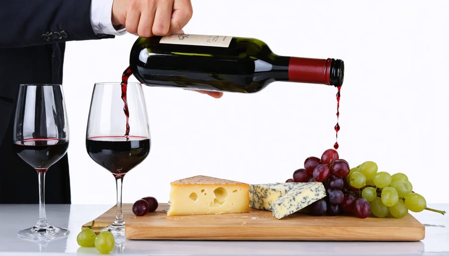 Sommelier pouring white wine with an arranged goat cheese tasting board