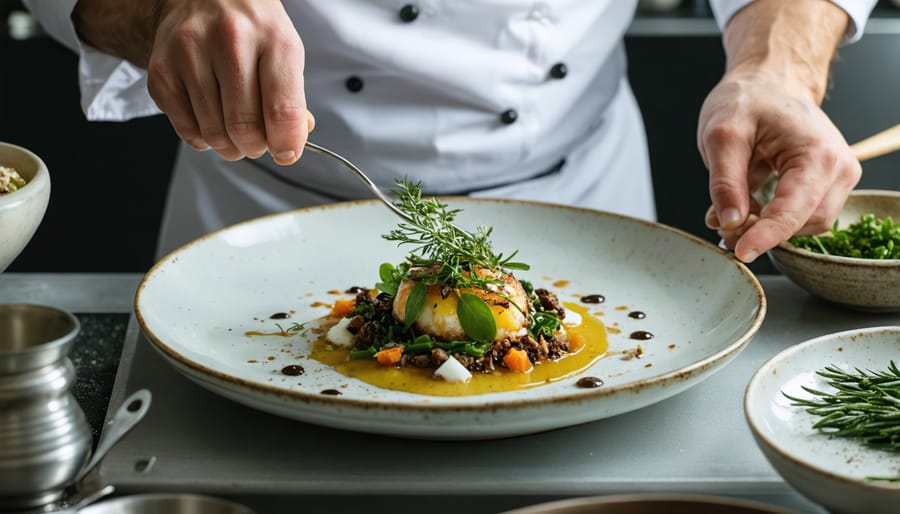 Chef arranging locally foraged mushrooms and edible flowers on a fine dining plate