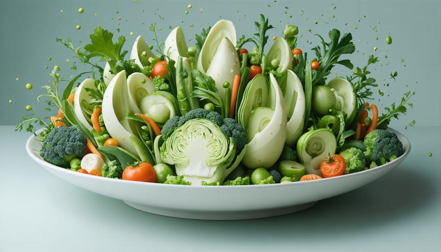 Fine dining plate featuring transformed vegetable scraps, stems, and peels