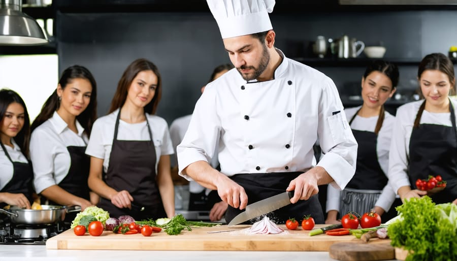 Chef teaching proper knife techniques to cooking class participants
