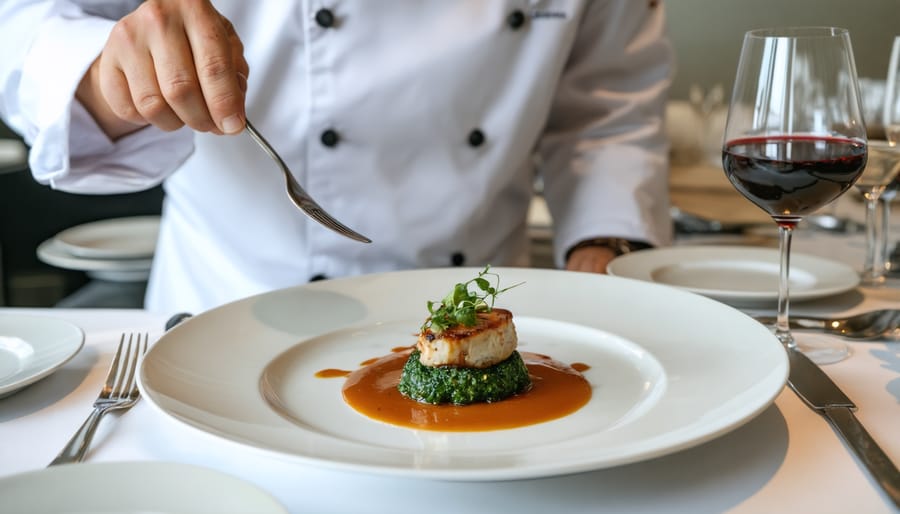 Chef presenting an artistic culinary creation to diners in a contemporary private dining room with floor-to-ceiling windows