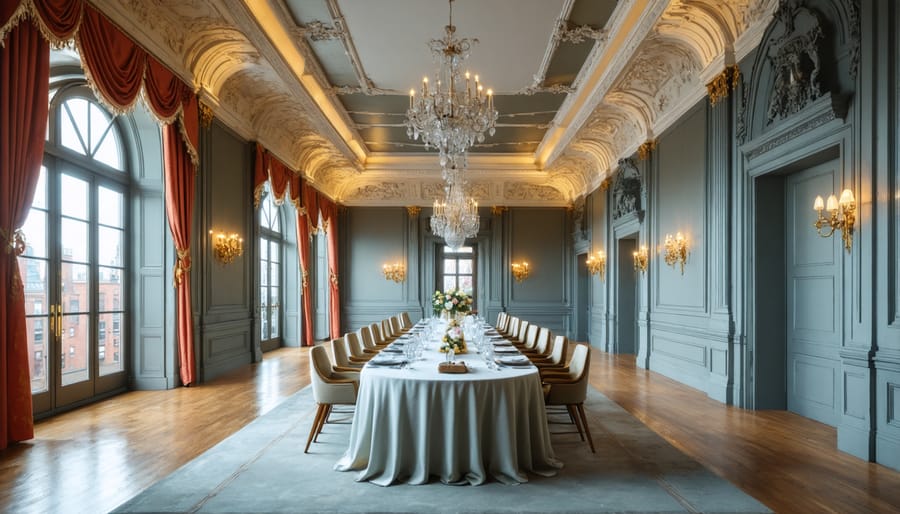 Historic private dining room featuring crystal chandeliers, exposed brick walls, and an elegantly set table for twelve
