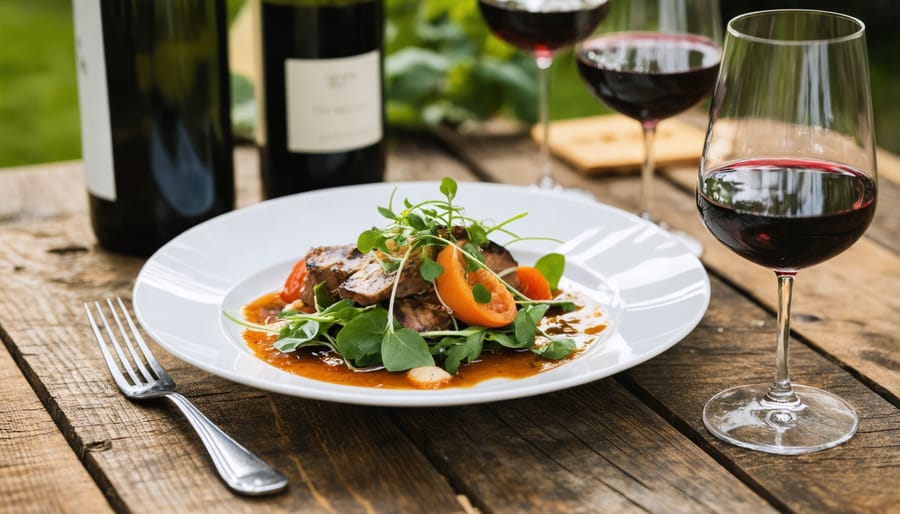 Finished gourmet dish created during workshop with paired wine