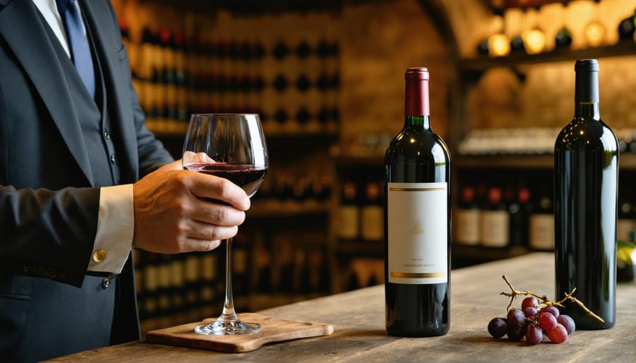 Sommelier displaying vintage wine bottle to guests seated at an intimate private dining table in a wine cellar