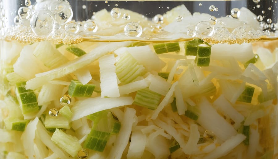Active lacto-fermentation of cabbage in a clear glass jar with bubbles rising through the brine