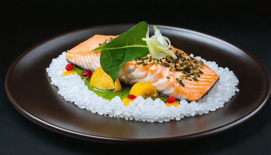 Pan-seared Arctic char fillet with colorful seaweed garnish and ancient grain risotto on a designer plate