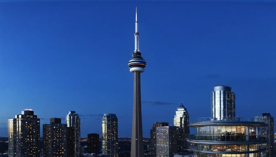 Night view of CN Tower's 360 Restaurant glowing against Toronto's skyline