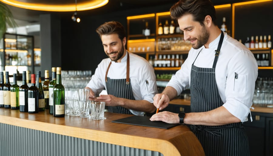 Craft beverage artisans creating unique drinks at a modern tasting counter