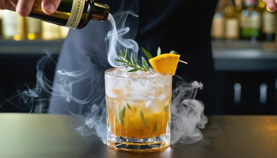 Professional mixologist preparing a sophisticated non-alcoholic cocktail with smoke and fresh herbs