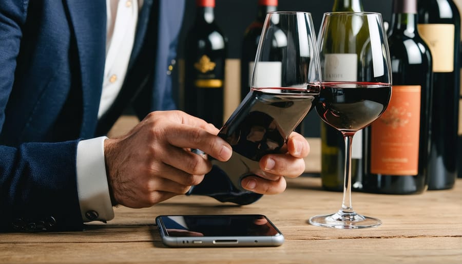 Person using a wine selection app on their smartphone while shopping for premium wines