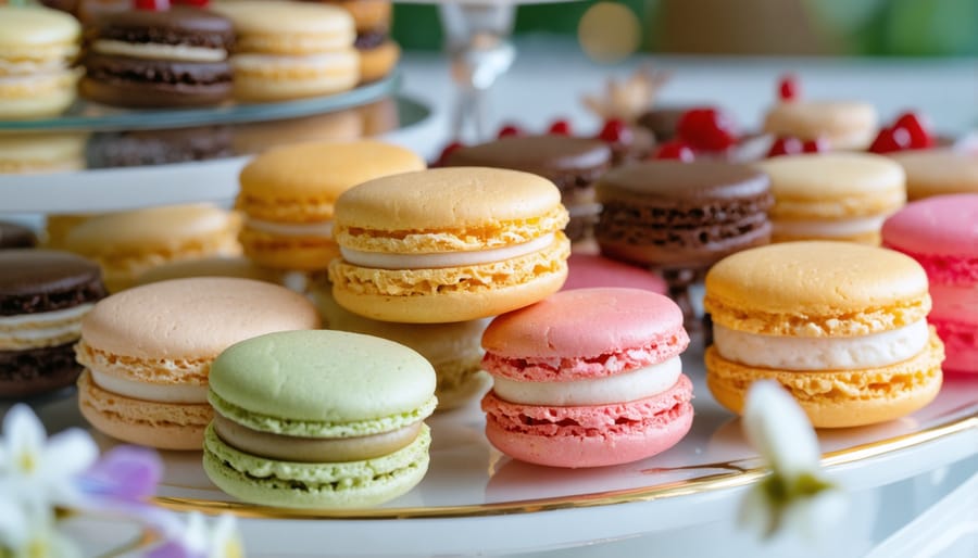 Colorful array of artisanal French macarons and petit fours on a marble display stand