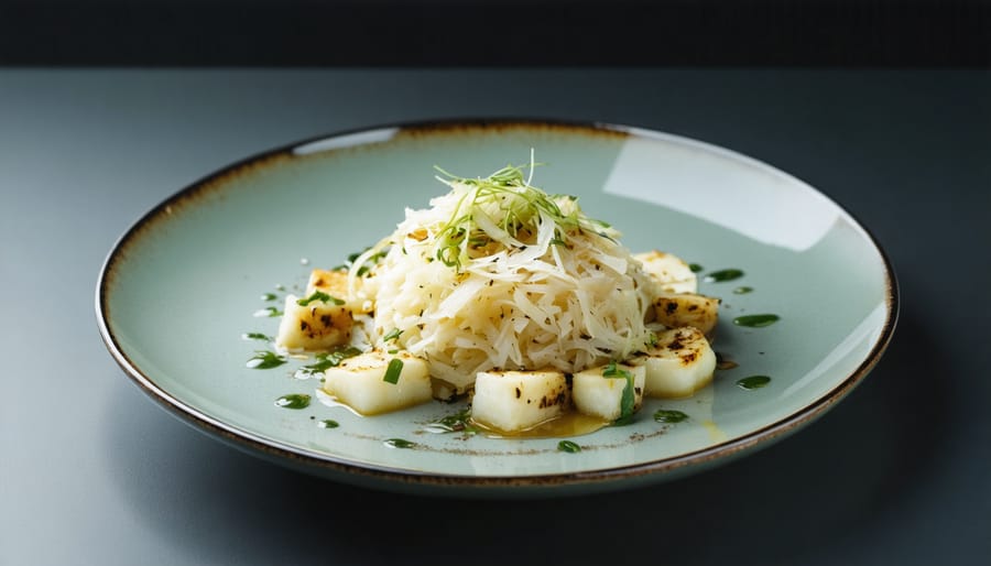 Fine dining plate presentation with gourmet sauerkraut garnished with microgreens and edible flowers