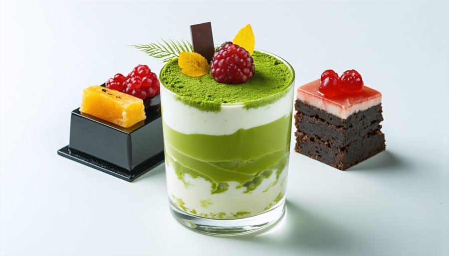 Elaborately layered matcha parfait with gold leaf, fresh fruit, and traditional Japanese elements