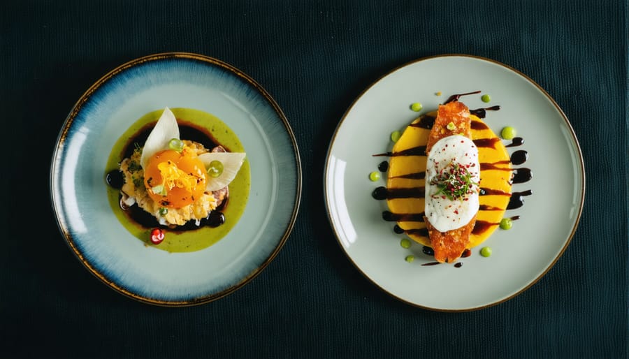 Gourmet small plates and appetizers arranged on a rustic wooden table