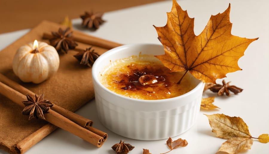 Canadian-inspired maple crème brûlée with crystallized maple garnish and gold leaf