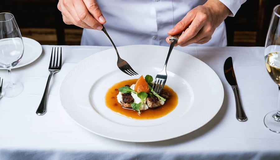 Person practicing mindful eating with an elegantly plated dish at a fine dining restaurant