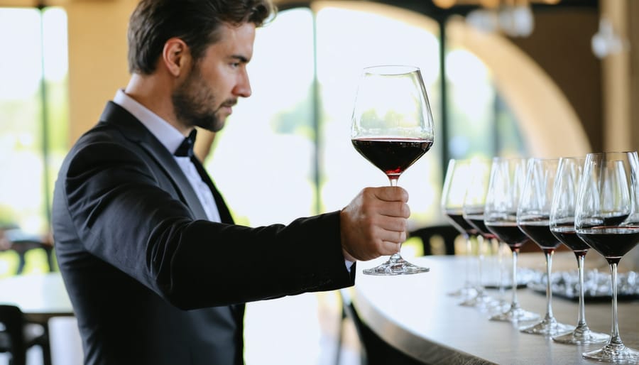 Sommelier examining wine color against natural light in a fine dining setting