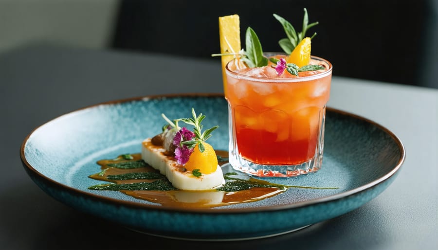 Elegant plated dish paired with a matching non-alcoholic cocktail in fine dining setting