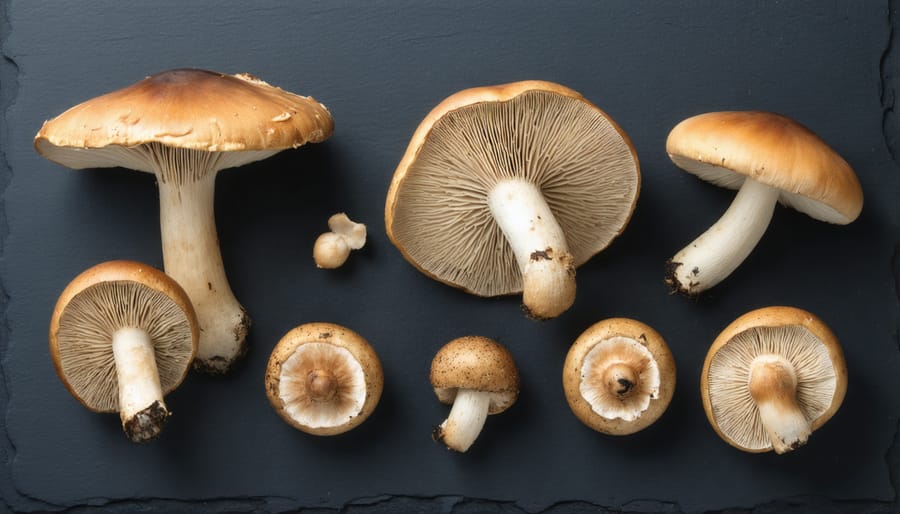 Variety of premium wild mushrooms including morels, chanterelles, and porcini arranged on black slate