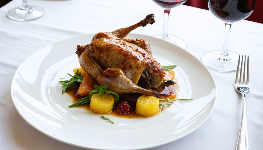Roasted quail served with seasonal vegetables and a glass of red wine