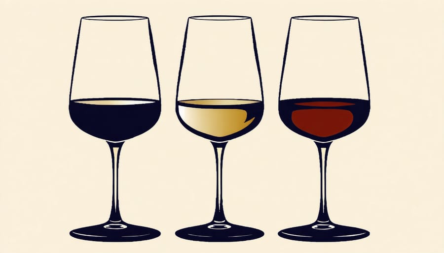Three wine glasses showing different wine colors suitable for quail pairing