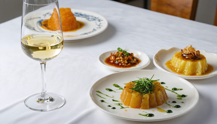 Crystal wine glass containing white wine next to an artisanal fermented dish on a restaurant table