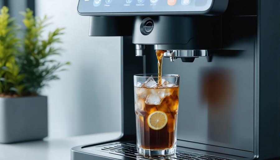 High-tech beverage dispenser with digital display showing drink customization options
