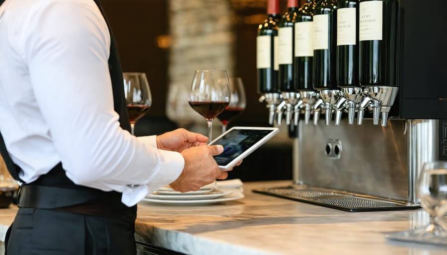 Professional sommelier operating a digital wine dispensing system in upscale restaurant