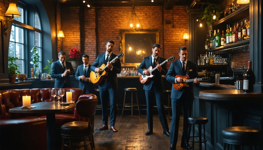 Atmospheric speakeasy interior with vintage décor and live jazz performers
