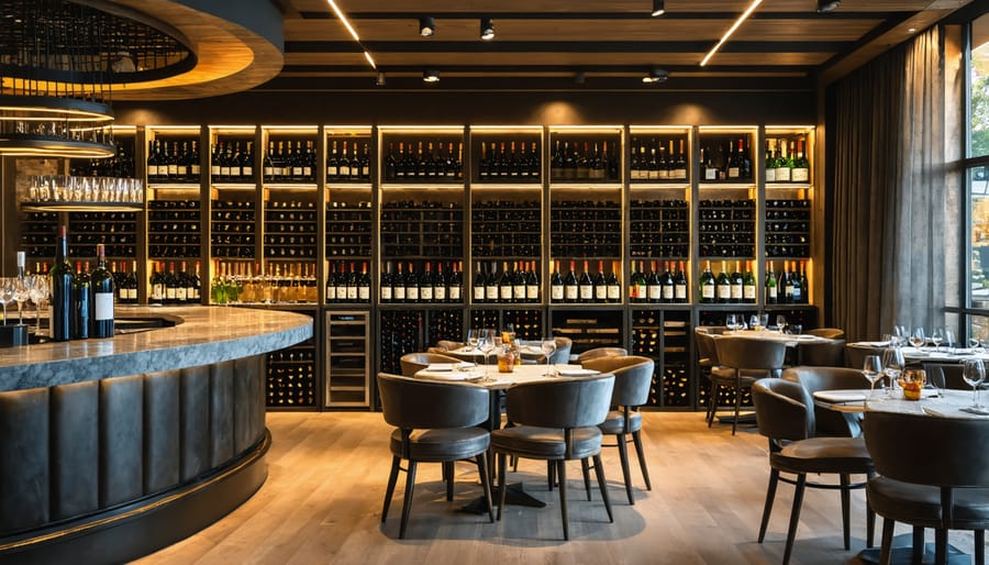 Elegant Toronto restaurant interior with visible wine storage and dining area