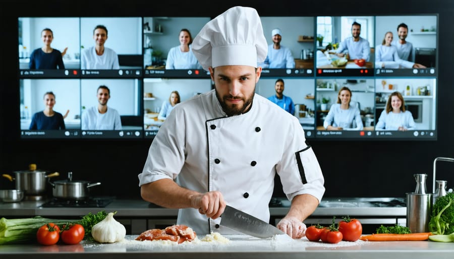 Chef instructor teaching knife techniques during virtual cooking class