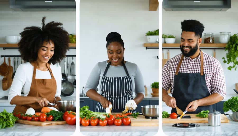 Multiple team members participating in a virtual cooking class from their home kitchens