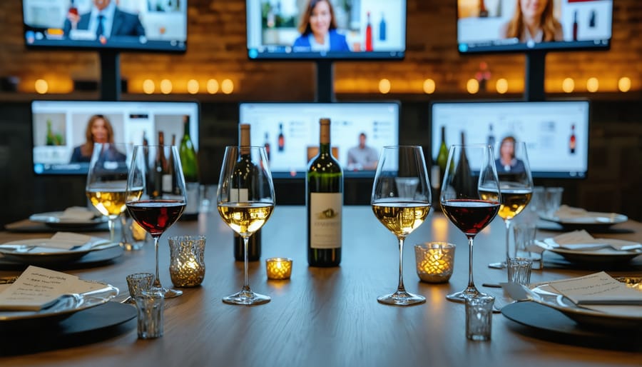 Virtual wine tasting event setup with multiple participants connected digitally